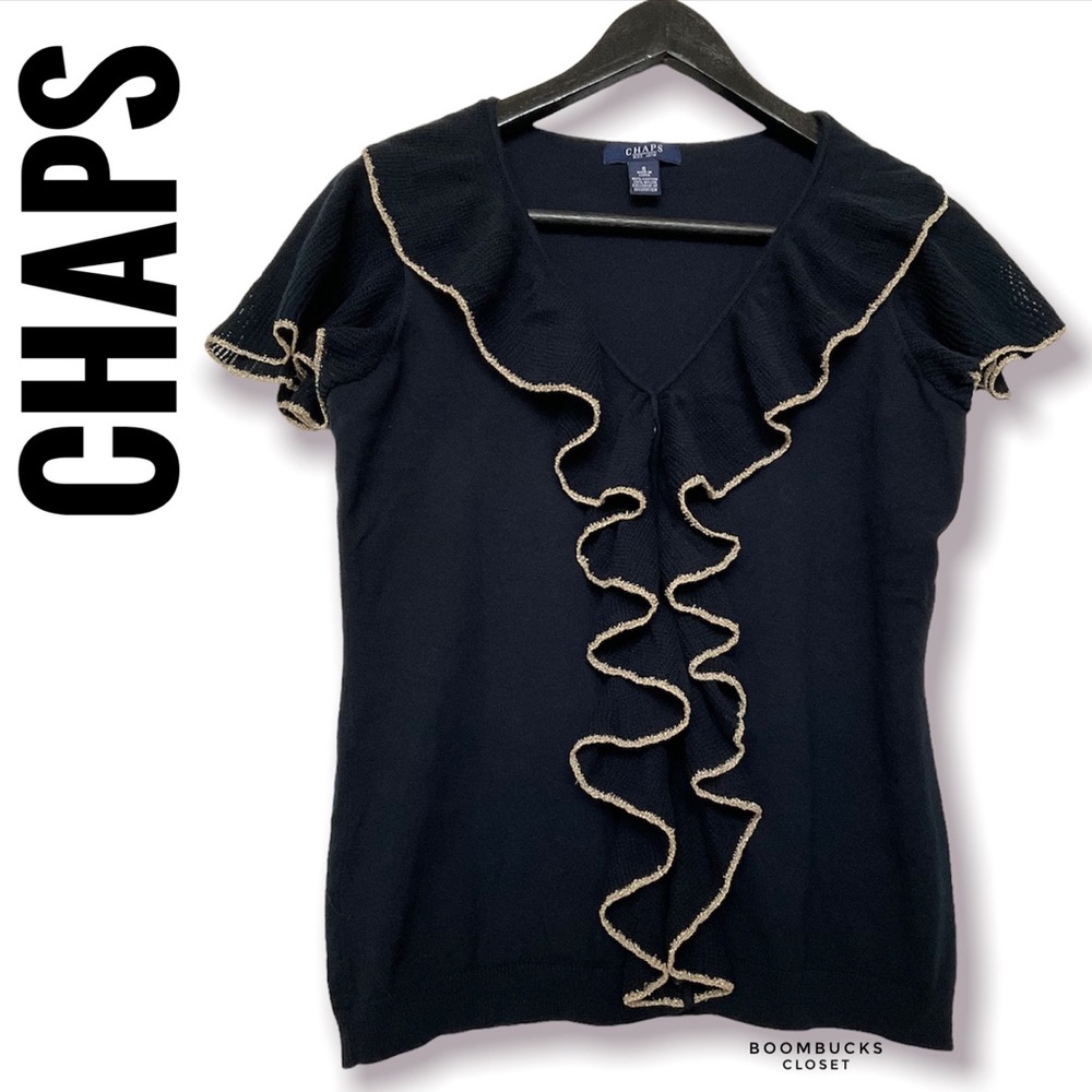 Chaps Navy Blue and Gold trim ruffle knit blouse with flutter sleeves.